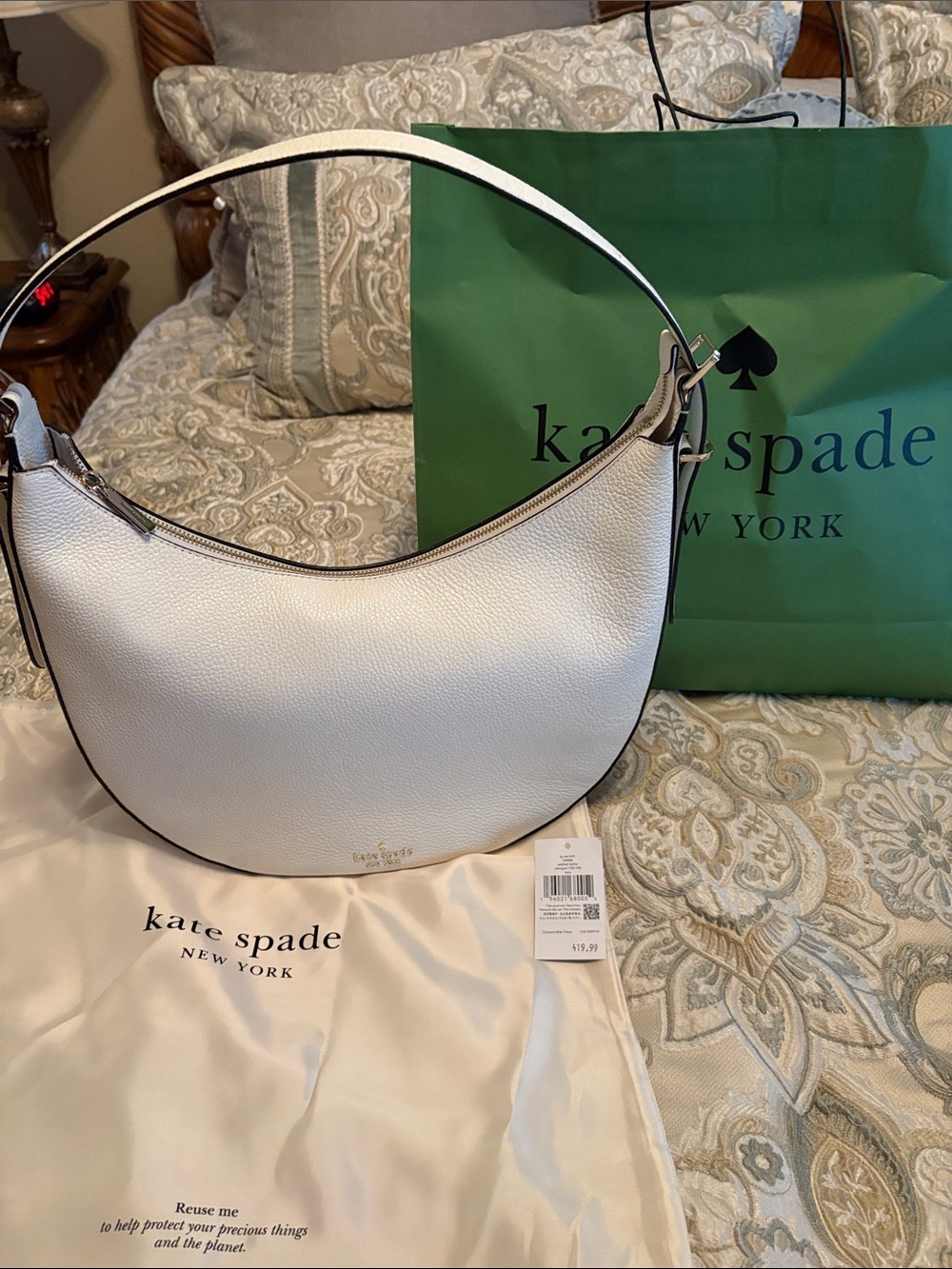kate spade White Pebbled Leather Crescent Shoulder Bag